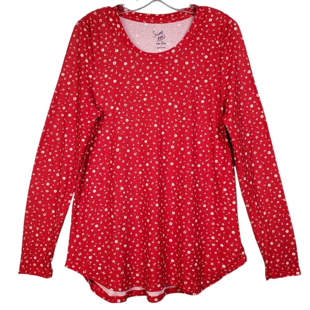 Sweet Tea Top Women's L Red White Floral Long Sleeve Lightweight Stretch Casual